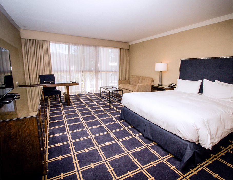 To the left of the photo is the TV placed on the cabinet and a working desk beside the window. To the right of the image are a sofa and table. Next to it is a bedside table with a lamp and telephone placed on it and a white linen bed with a blue headboard is stationed next to it.